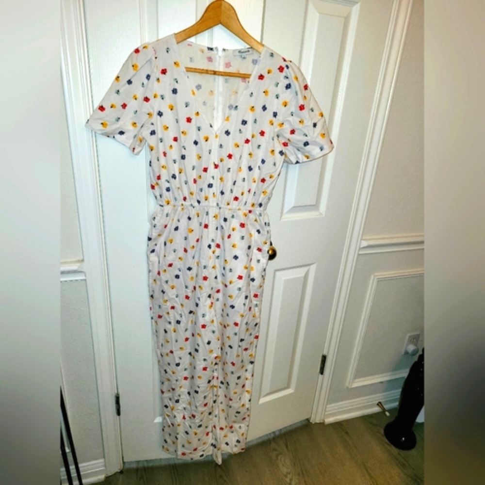 Madewell Puff-Sleeve Tapered Jumpsuit White Confetti Floral V-Neck Back Zip Sz 2